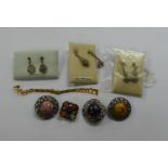 THREE PAIRS OF CARDED 'REAL MARCASITE' DROP EARRINGS, 4 COSTUME BROOCHES AND A LADY'S 9ct GOLD