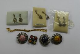 THREE PAIRS OF CARDED 'REAL MARCASITE' DROP EARRINGS, 4 COSTUME BROOCHES AND A LADY'S 9ct GOLD