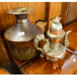 MIDDLE EASTERN TINNED COPPER AND WHITE METAL ORNAMENTAL COFFEE POT, decorated with dragons, 13 ½?