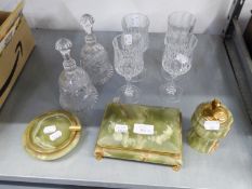 SIX PIECES OF 20th CENTURY CUT GLASS AND THREE ITEMS OF SMOKING REQUISITES, VIZ A GREEN ONYX