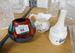 A Poole glazed abstract purse vase, 4? high, Gainsborough posy vase, 5 ¼? and Derby posies cream