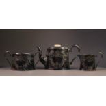 GEORGIAN STYLE THREE PIECE ELECTROPLATED TEA SET, of tapering form with scroll handles and
