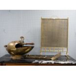 TWO HANDLED BRASS COAL SCUTTLE WITH SHOVEL, SET OF THREE BRASS FIRE TOOLS and a BRASS GRATE SCREEN