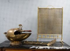 TWO HANDLED BRASS COAL SCUTTLE WITH SHOVEL, SET OF THREE BRASS FIRE TOOLS and a BRASS GRATE SCREEN