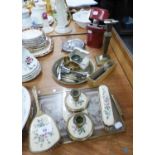 GILT DRESSING TABLE SET OF FIVE PIECES, BRASS CIRCULAR TRAY, BRASS CANDLESTICK, PAIR OF ELECTROPLATE