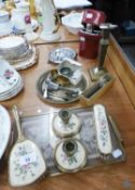 GILT DRESSING TABLE SET OF FIVE PIECES, BRASS CIRCULAR TRAY, BRASS CANDLESTICK, PAIR OF ELECTROPLATE