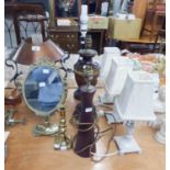 TABLE LAMPS- WROUGHT IRON AND COPPER LANTERN PATTERN WITH CHIMNEY TYPE SHADE AND CARRYING HANDLE,