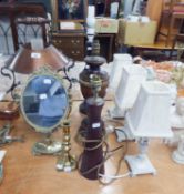 TABLE LAMPS- WROUGHT IRON AND COPPER LANTERN PATTERN WITH CHIMNEY TYPE SHADE AND CARRYING HANDLE,