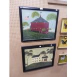 WARREN KIMBLE (American) TWO COLOUR PRINT REPRODUCTIONS OF NAIVE OIL PAINTINGS: RED HOUSE ON HILL