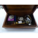 TWO MARKS AND SPENCER GENTS QUARTZ WRIST WATCHES; HARDWOOD TABLE CIGAR BOX; MIELE SMOKERS PEN KNIFE;