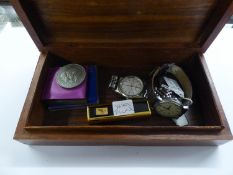 TWO MARKS AND SPENCER GENTS QUARTZ WRIST WATCHES; HARDWOOD TABLE CIGAR BOX; MIELE SMOKERS PEN KNIFE;