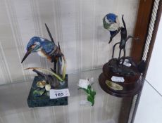 Hereford Fine China, metal and porcelain group of a kingfisher perched over waterlilies, on marble