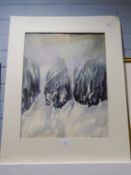 KIM MELDRUM WATERCOLOUR DRAWING, heightened ?Bowfell Buttress? Signed and dated 1971, titled verso