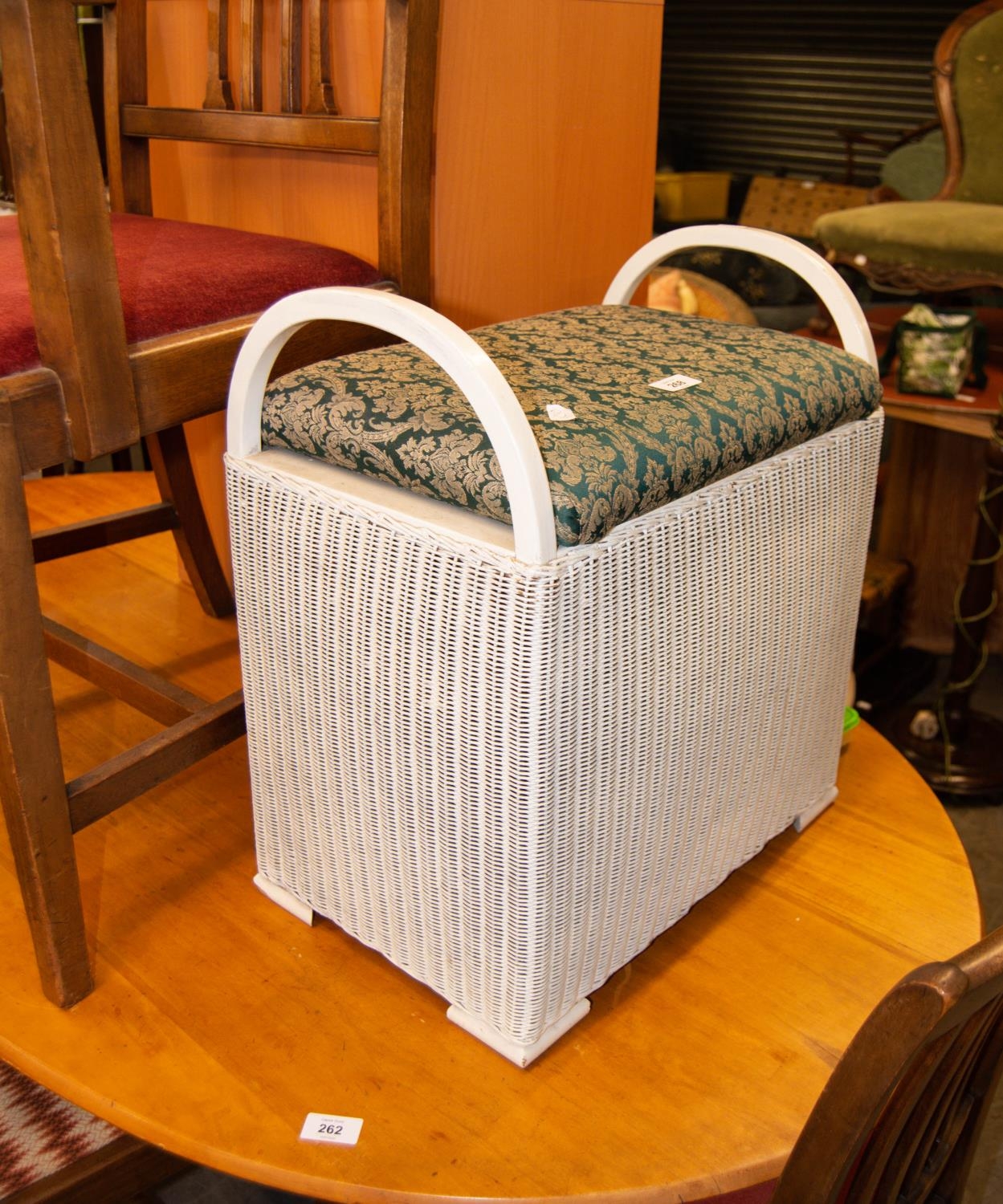 WHITE LLOYD LOOM BOX PATTERN DRESSING STOOL, with floral green cover to the lift-up lid and curved