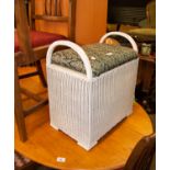 WHITE LLOYD LOOM BOX PATTERN DRESSING STOOL, with floral green cover to the lift-up lid and curved