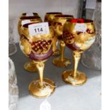 SET OF 6 VENETIAN RUBY AND GILT TALL HOCK GLASSES, ENCRUSTED WITH CERAMIC FLOWERS, ON SPIRALLY