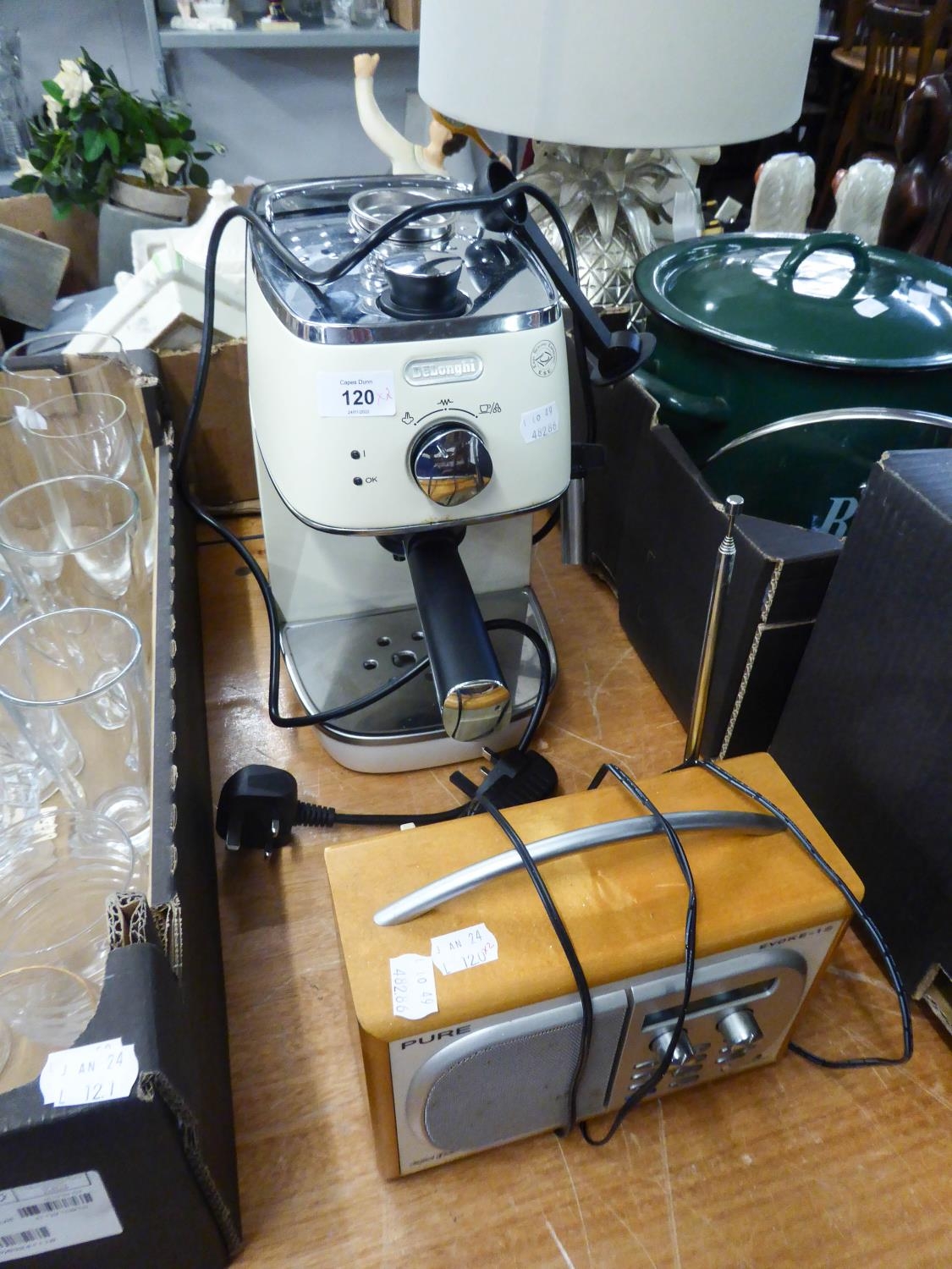 PURE DAB RADIO, IN WOODEN CASE AND A DELONGHI COFFEE MACHINE (2)