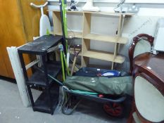 A WHEELBARROW, A BOSCH 'IS10' SMALL HEDGE TRIMMER, 20m EXTENSION REEL, A FOLD-AWAY GARDEN CHAIR AND