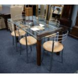WELL MADE MODERN DINING TABLE, with two mahogany rectangular arch shaped end supports linked at