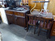 OAK DINING ROOM FURNITURE, VIZ AN ENCLOSED SIDEBOARD WITH TWO DRAWERS OVER TWO DOORS;