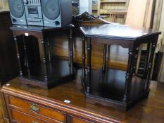 A PAIR OF DARK MAHOGANY HEXAGONAL TWO TIER LAMP TABLES, EACH WITH SIX LEGS