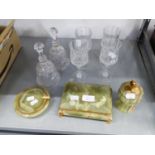 SIX PIECES OF 20th CENTURY CUT GLASS AND THREE ITEMS OF SMOKING REQUISITES, VIZ A GREEN ONYX