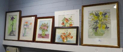 BERNIE WALLACE  FIVE LATE TWENTIETH CENTURY WATERCOLOUR DRAWINGS STILL LIFE STUDIES VASES OF WILD