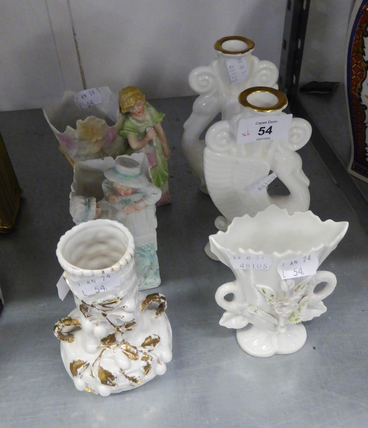 A PAIR OF ROYAL DOULTON WHITE CHINA ?AMBASSADOR? PHOENIX PATTERN CANDLESTICKS; TWO CONTINENTAL