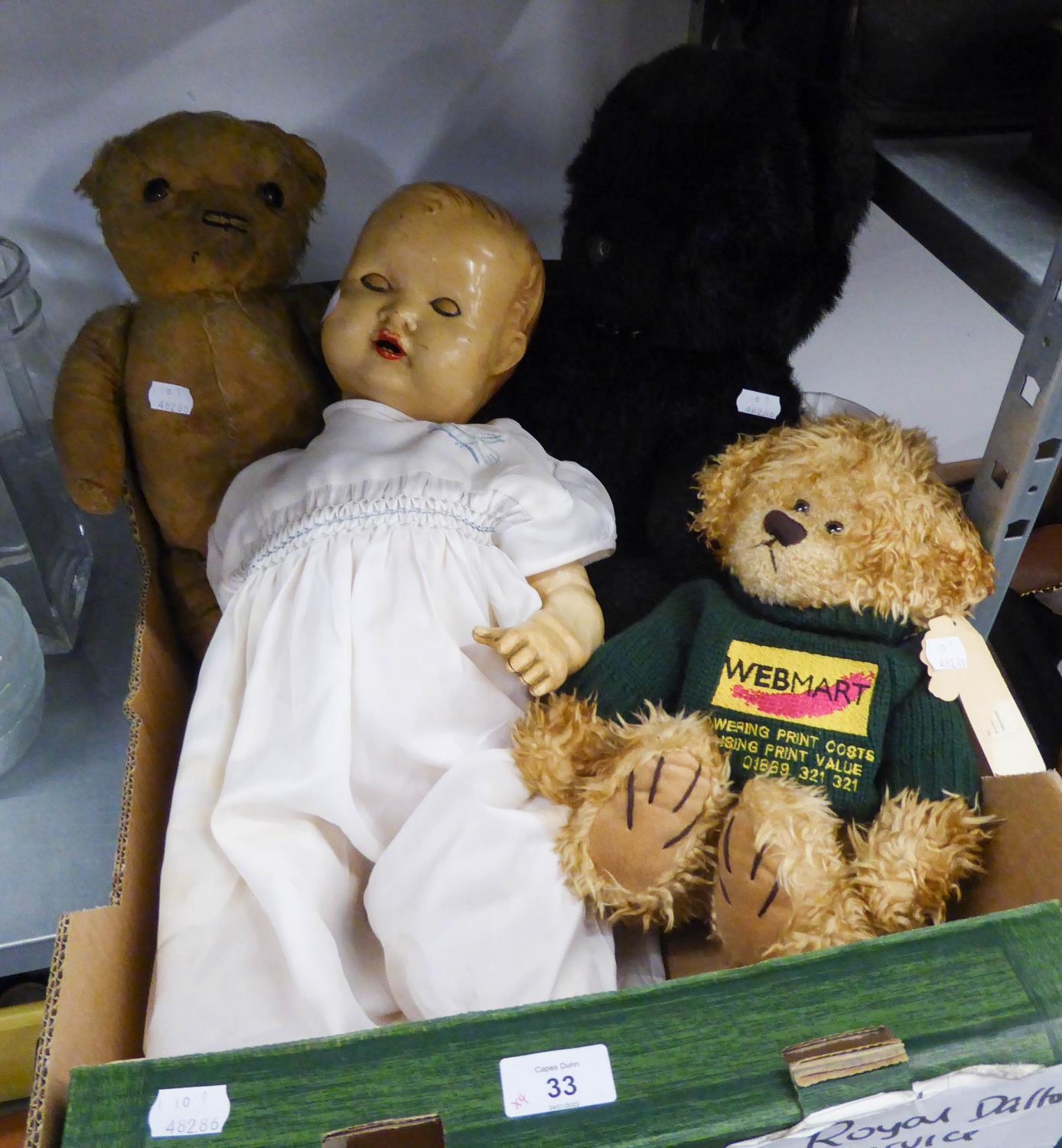 A VINTAGE TEDDY BEAR, (VERY PLAY WORN); TWO MODERN TEDDY BEARS; A BRITISH MADE HARD PLASTIC LARGE