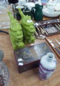 PAIR OF MODERN LIME GREEN GLAZED POTTERY MODELS OF DRAGONS, 9? high, 16? long, CHINESE OBLONG BOX,