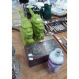 PAIR OF MODERN LIME GREEN GLAZED POTTERY MODELS OF DRAGONS, 9? high, 16? long, CHINESE OBLONG BOX,