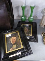 A PAIR OF SMALL FRAMED COLOUR PRINTS, ?DARBY? AND ?JOAN? AND A PAIR OF GREEN GLASS VASES