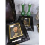 A PAIR OF SMALL FRAMED COLOUR PRINTS, ?DARBY? AND ?JOAN? AND A PAIR OF GREEN GLASS VASES