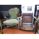 A WALNUTWOOD FRAMED NURSING CHAIR, UPHOLSTERED IN GREEN VELVET (A.F.) AND A LOW OPEN ARMCHAIR,