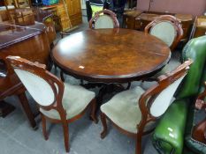 POST-WAR REPRODUCTION ITALIAN STYLE CIRCULAR EXTENDING DINING TABLE WITH FOLD-AWAY LEAF AND A SET OF