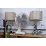 AN ELECTRIC FAN; ELECTRIC CONVECTOR HEATER; AN IRONING BOARD AND A PAIR OF TABLE LAMPS AND SHADES