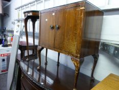 A MAHOGANY SMALL DEMI-LUNE CONSOL TABLE, ON THREE CABRIOLE LEGS AND A WALNUT SMALL RECORD CABINET