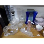 A STYLISH SHIPS DECANTER WITH PLATED RIM, A STUART CRYSTAL VASE (BOXED), AND OTHER ITEMS OF