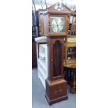 MAHOGANY CASED GRANDDAUGHTER CLOCK HAVING BRASS SQUARE ROMAN NUMERAL DIAL, WEIGHTS x 2 AND THE