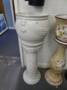 A LARGE WHITE GLAZED POTTERY JARDINIÈRE, ON TALL, MATCHING PEDESTAL