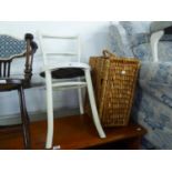 A WHITE PAINTED BENTWOOD SINGLE CHAIR AND A WICKER TWO HANDLED CAT BASKET WITH LID (2)