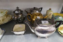 THREE PIECE PLATINUM LUSTRE POTTERY TEASET, of oblong, ?planished? form, SIMILAR PEDESTAL TEAPOT and