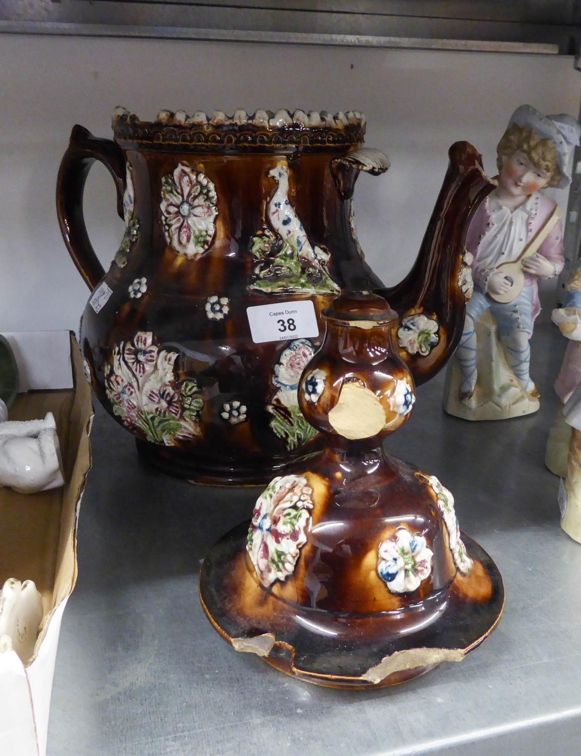 VICTORIAN BARGEWARE POTTERY TEAPOT, a/f