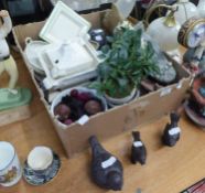 A BLACK MARBLE BALL AND SUNDRY ITEMS TO INCLUDE 3 CAST BIRD ORNAMENTS