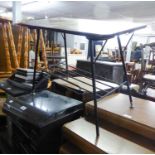 A WALNUT SQUARE TWO TIER COFFEE TABLE WITH CANTED CORNERS; A PAIR OF DINING CHAIRS WITH