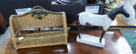 A WOOD AND PAINTED MODEL OF A HORSE AND A WICKER LETTER BASKET (2)