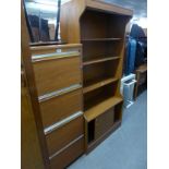 A WOOD EFFECT OPEN BOOKCASE WITH CUPBOARDS BELOW AND A CAPLAN TEAK FOUR DRAWER FILING CABINET (2)