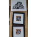 BERNIE WALLACE  TWO GOUACHE DRAWINGS 'ZEBRA'S'  6" X 6" (x2)  FRAMED AND GLAZED AND  A SIMILAR PRINT