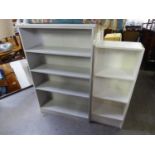 A GREY PAINTED WOOD FOUR TIER OPEN BOOKCASE AND A SMALL THREE TIER OPEN BOOKCASE (2)