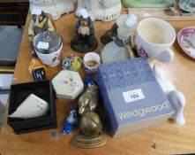 THREE RESIN ANTHROPOMORPHIC ANIMAL ORNAMENTS; A WORCESTER EGG CODDLER, ETC.